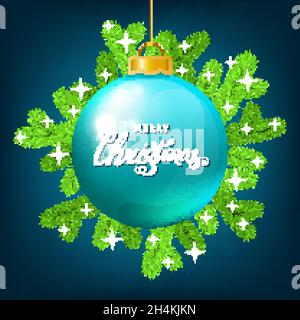 Christmas ball  with spruce branch,  white stars and lettering on blue  background. Green fir. Vector template  for Xmas cards, banners, flyers, New y Stock Vector