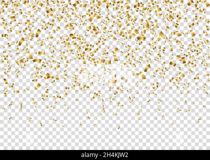 Golden shiny festive tinsel  isolated on transparent background.  Falling glowing gold confetti. Decoration for carnival, fiesta, birthday party, Chri Stock Vector