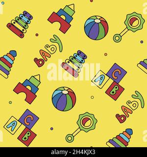 Vector doodle seamless pattern with toys. Hand draw collection of toys icons for baby shower or scrapbook. Cute illustration for children Stock Vector