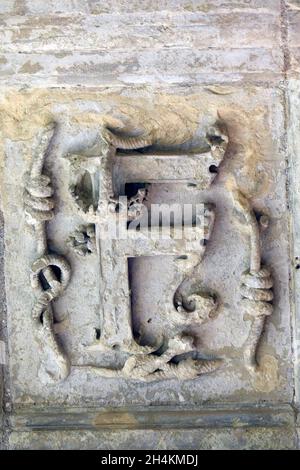 Interior of Chateau de Chambord, Relief of F, the symbol of François, royal medieval french castle in the Loire Valley, France, Europe.