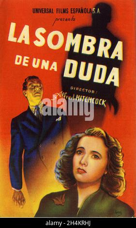 Front of Original Release Spanish Herald from 1945 for JOSEPH COTTEN and TERESA WRIGHT in SHADOW OF A DOUBT 1943 director ALFRED HITCHCOCK original story Gordon McDonell screenplay Thornton Wilder Sally Benson and Alma Reville music Dimitri Tiomkin Miss Wright's gowns by Gilbert Adrian Universal Pictures Stock Photo