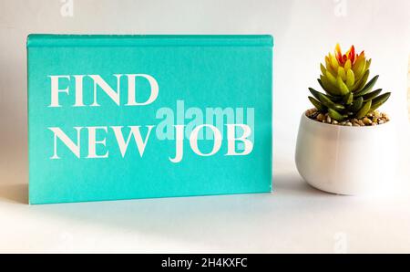 Find your new work, written in a green notebook next to a cactus flower on a white background. Stock Photo