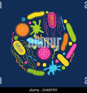 Colorful germs and bacteria icons set  isolated on blue  background.  Shape of bacterial cell: cocci, bacilli, spirilla.  Vector  illustration. Stock Vector