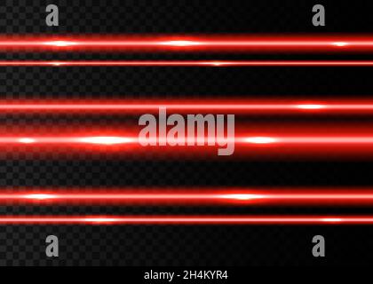 Red laser beams with  flashes  isolated on black transparent  background. Vector glowing  neon lights  effect. Stock Vector