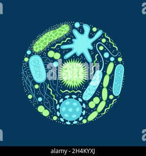 Viruses and bacteria icons set  isolated on blue  background.  Shape of bacterial cell: cocci, bacilli, spirilla.  Vector  illustration. Stock Vector