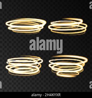 Golden neon swirling circles speed motion lights effects isolated on  transparent background. Shining  gold  magic  ring trace. Vector glitter shimmer Stock Vector