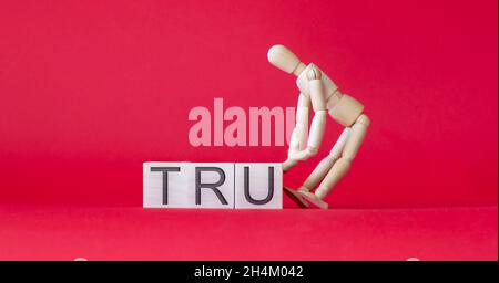 on red background doll and wooden cubes with text try Stock Photo