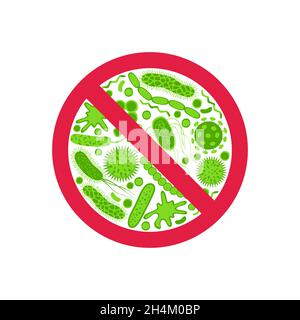 Stop bacteria and viruses prohibition sign.  Green germ in flat style isolated on white background. Antibacterial and anti disease icon. Vector warnin Stock Vector