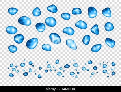 Water drops  set  isolated on transparent background. Different forms  of realistic  blue droplets or bubbles. Vector background. Stock Vector