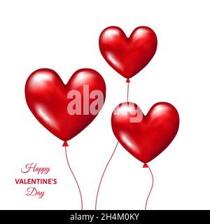 Red  realistic 3d balloons in shape of  hearts  for  Valentines day  greeting card  isolated on white  background. Weeding decoration. Vector   templa Stock Vector