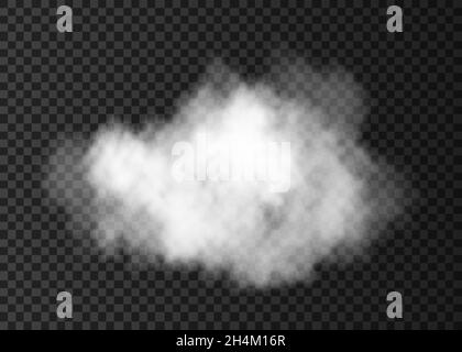 White  smoke puff  isolated on transparent background.  Cloud.  Steam explosion special effect.  Realistic  vector   fire fog or mist texture . Stock Vector