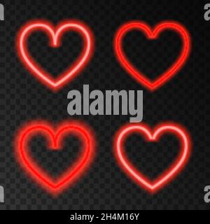 Neon red heart. Love.  Light effect for Happy Valentine's Day banner, greeting card . Laser glow sign on transparent background. Vector design element Stock Vector