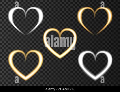 Neon golden and silver  heart. Love.  Light effect for Happy Valentine's  Day banner, greeting card. Laser glow gold and  platinum sign on transparent Stock Vector