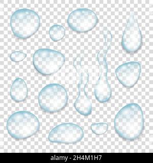 Realistic  transparent  blue drops of pure clear water isolated on a gray background. Vector  illustration. Stock Vector