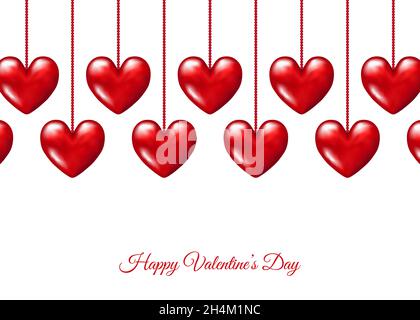 Valentines day  background with  hanging  realistic 3d  red  hearts. Vector template. Stock Vector