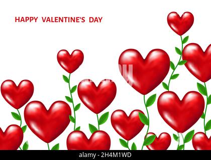 Red realistic  flowers in the shape of hearts with green stems and  leaves on  white  background. Love. Weeding decoration. Vector  illustration for Stock Vector