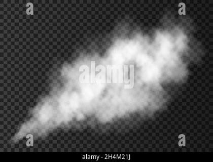 White  smoke puff isolated on transparent background.  Steam explosion special effect.  Realistic  vector  column of  fire fog or mist texture . Stock Vector