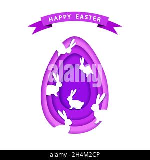 Happy easter background with  ultra violet    papercut  eggs  and  bunny.  Vector flat design poster, greeting  card   template. Stock Vector