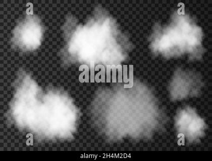 White  smoke cloud  isolated on transparent background.  Steam explosion special effect set.  Realistic  vector   fire fog or mist texture . Stock Vector
