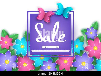 Spring or summer  discount  banner with flowers and butterflies. Sale. Trendy floral colorful background. Vector paper  graphic design elements for pr Stock Vector