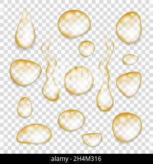 Transparent  golden drops of  oil  isolated on a gray background. Realistic  vector  illustration. Stock Vector