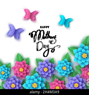 Happy mother's day greeting card  with paper cut  flowers, butterflies, lettering. Summer or spring   season floral colorful background  for banner, Stock Vector