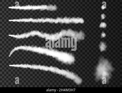 White smoke. Plane track isolated on transparent background. Realistic vector column of fog or mist texture.White smoke. Plane track isolated on trans Stock Vector