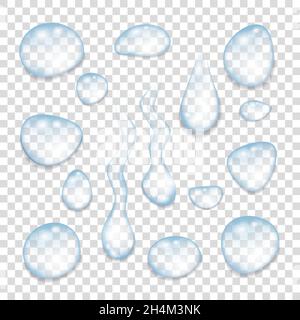 Transparent  blue drops of  water isolated on a gray background. Realistic  vector  illustration. Stock Vector