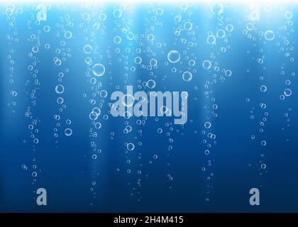 Underwater fizzing air, water or oxygen  bubbles on blue  background. Fizzy sparkles in sea, aquarium. Fizz. Undersea vector texture with rays of sunl Stock Vector
