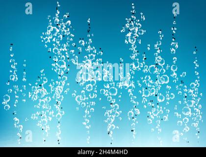 Underwater fizzing air, water or oxygen  bubbles on blue  background. Fizzy sparkles in sea, aquarium. Fizz. Undersea vector texture with rays of sunl Stock Vector