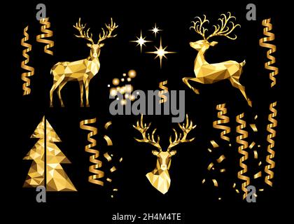 Christmas collection of golden decorative design elements. Polygonal  gold  reindeer, glowing  light effects, serpentine and Xmas tree  on black backg Stock Vector