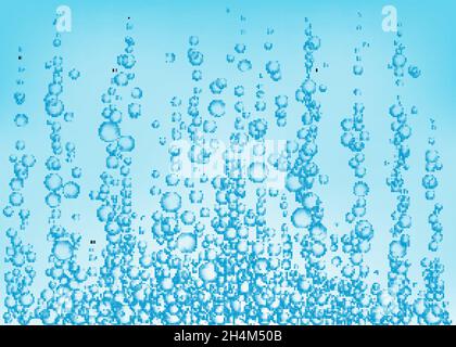 Underwater fizzing air, water or oxygen  bubbles on blue  background. Fizzy sparkles in sea, aquarium. Fizz. Undersea vector texture with rays of sunl Stock Vector