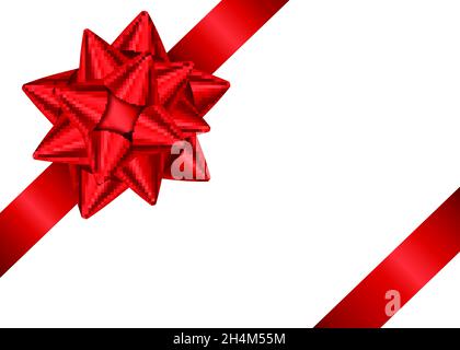 Shiny red satin gift ribbon and bow for corner of page decor. Holiday decoration isolated on white background. Vector design  element  for banner, gre Stock Vector