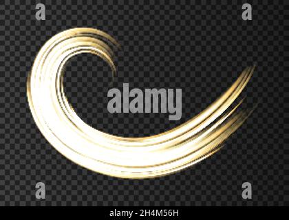 Gold neon wave lights effects isolated on black transparent background. Shining  golden  magic flash energy beams. Vector design element. Stock Vector