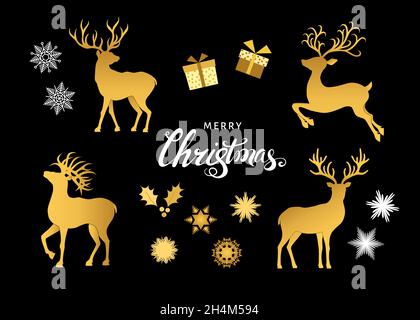 Collection of gold  Christmas  decorative  design  elements. Deer silhouettes, snowflakes and gift boxes  isolated on black  background. Golden Xmas r Stock Vector