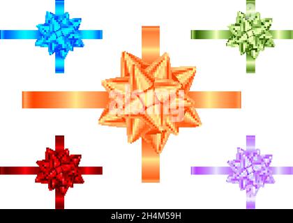 Decorative gift ribbon and bow isolated on white background. Blue, violet, green, orange, red    holiday  decoration.Vector set of decor elements  for Stock Vector