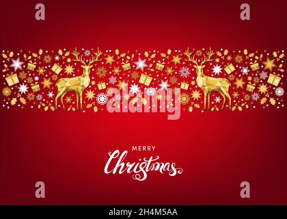 Christmas pattern with lettering and gold Xmas deer and snowflakes. Tree decoration. Happy New Year red background. Vector colorful template for greet Stock Vector