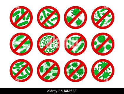 Antibacterial and antiviral defence  icon. Stop bacteria and viruses prohibition sign. Antiseptic. Green germ in flat style isolated on white backgrou Stock Vector
