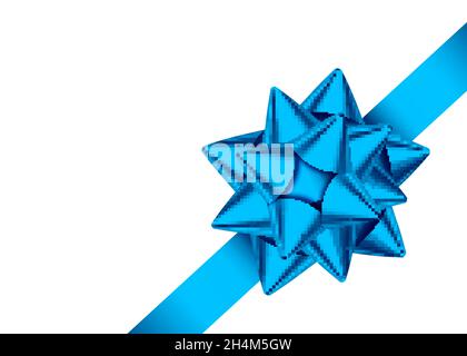 Shiny blue decorative  gift ribbon and bow for corner of page decor. Holiday decoration isolated on white background. Vector design  element  for bann Stock Vector