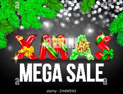 Christmas mega  sale banner with red and green decorative letters with  gift bow, ribbon  and  fir branch. Xmas text on black background. Winter holid Stock Vector