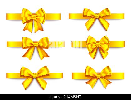 Golden  gift  bows collection  isolated on white background. Christmas, New Year, birthday gold decoration. Vector realistic decor element  for banner Stock Vector