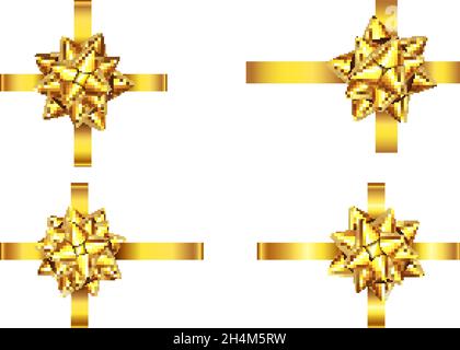 Golden  satin gift ribbon and bow isolated on white background. Gold Christmas, New Year, birthday decoration. Vector realistic decor element  for ban Stock Vector