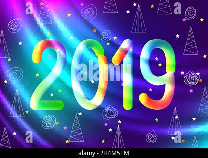 2019 New Year abstract  geometric  background in trendy  ultra violet color with 3d pyramid, ball and number. Modern purple neon striped backdrop. Fut Stock Vector