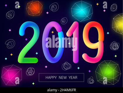 2019  New Year greeting card on dark purple background with colorful neon flash and number. Backdrop with glowing flare and doodle decorative elements Stock Vector