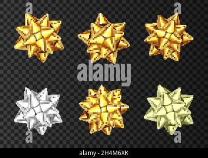 Golden and silver  decorative gift bows  isolated on dark  background. Christmas, New Year, birthday decoration. Vector holiday design element  for ba Stock Vector