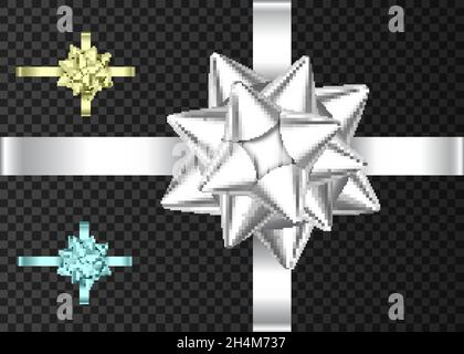 Decorative silver, blue  and golden gift ribbon and bow isolated on dark  background. Holiday decoration.Vector set of decor elements  for banner, gre Stock Vector