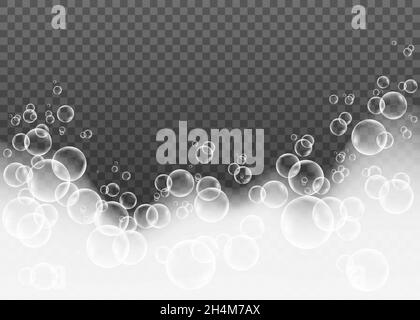Bath foam with shampoo bubbles isolated on transparent background. Vector soap suds effect. Stock Vector