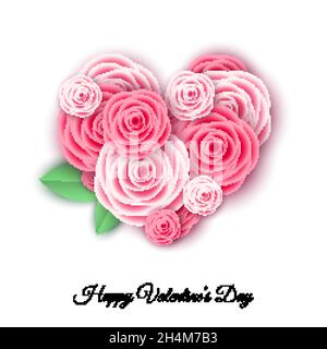 Happy Valentine's day banner template with heart  of pink roses.  Flowers for greeting  cards,  posters, sale advertisement.  Floral background. Vecto Stock Vector