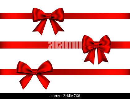Red  gift  bows set  isolated on white background. Christmas, New Year, birthday  decoration. Vector realistic decor element  for banner, greeting car Stock Vector