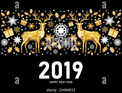 2019 Happy New Year greeting card on black  background with golden Christmas pattern with Xmas deer and snowflakes. Vector template. Stock Vector